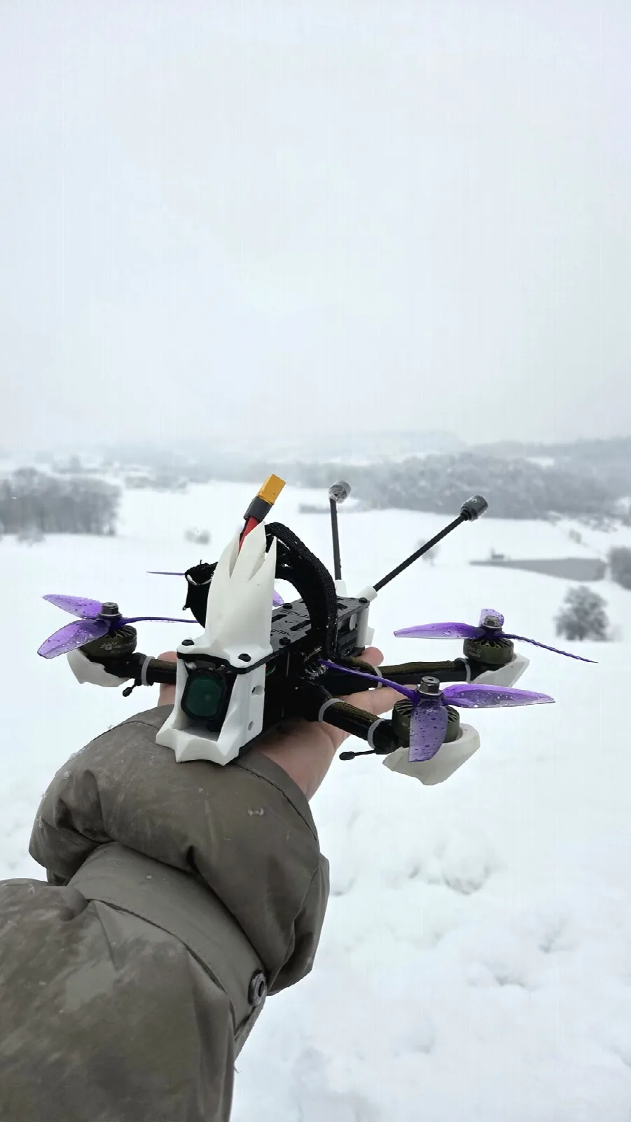 Selbst gebaute FPV-Drohne mit Deadcat-Frame für ruhige Kamerafahrten, im Schnee